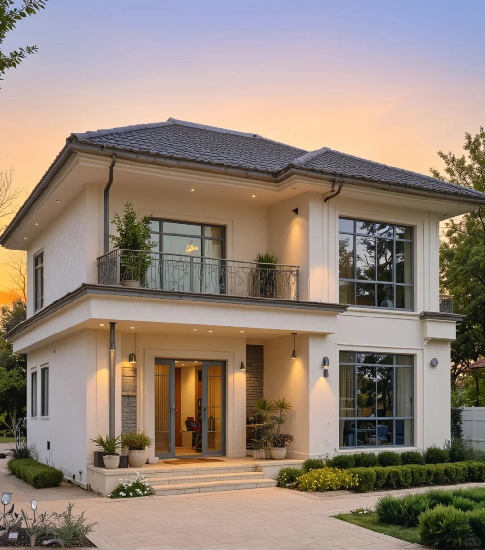 Cửa chính gỗ kết hợp kính cho mặt tiền nhà mái nhật 2 tầng