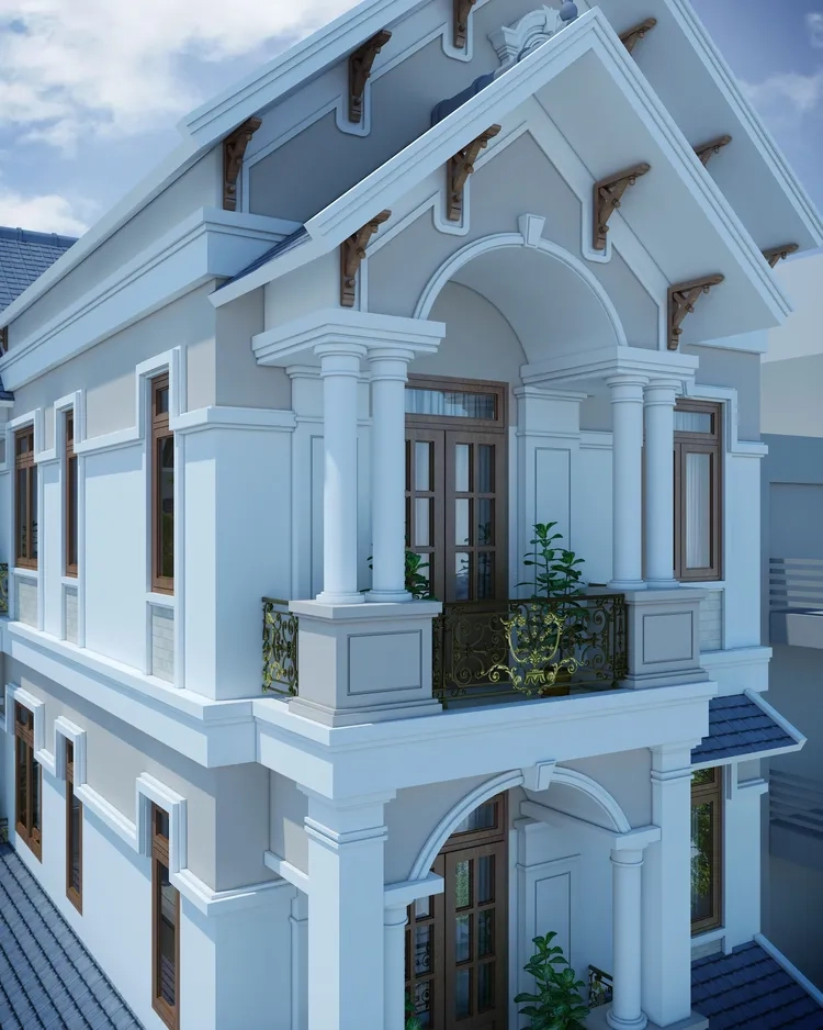 Bố cục mặt tiền nhà mái thái 2 tầng cân đối hiện đại