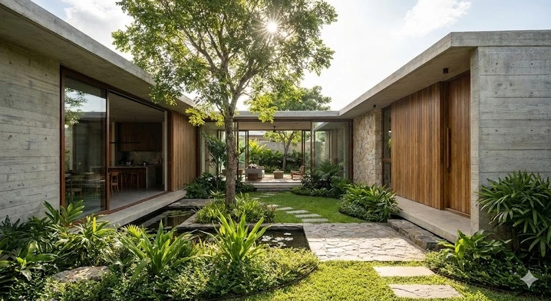 Ngôi nhà hiện đại nổi bật nhà mái bằng chữ U hiện đại