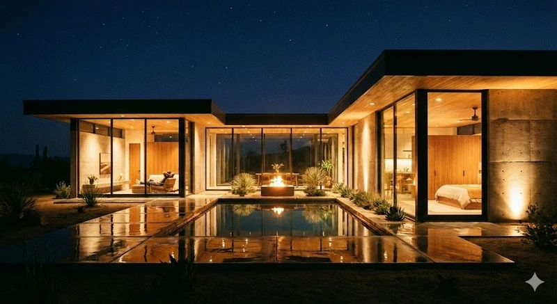 Kiến trúc đơn giản thanh lịch nhà mái bằng chữ U đơn giản