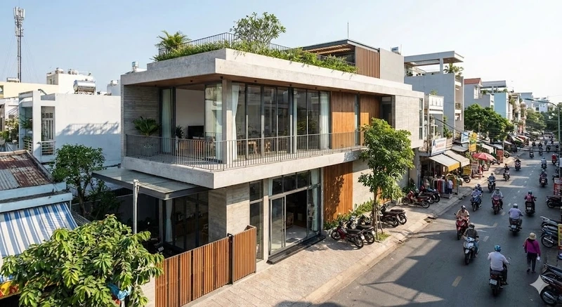 Phù hợp gia đình trẻ nhà mái bằng hiện đại có gác lửng