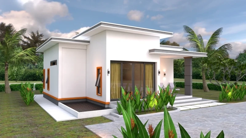 Sân trước xanh mát thư giãn nhà mái bằng nhỏ có sân trước