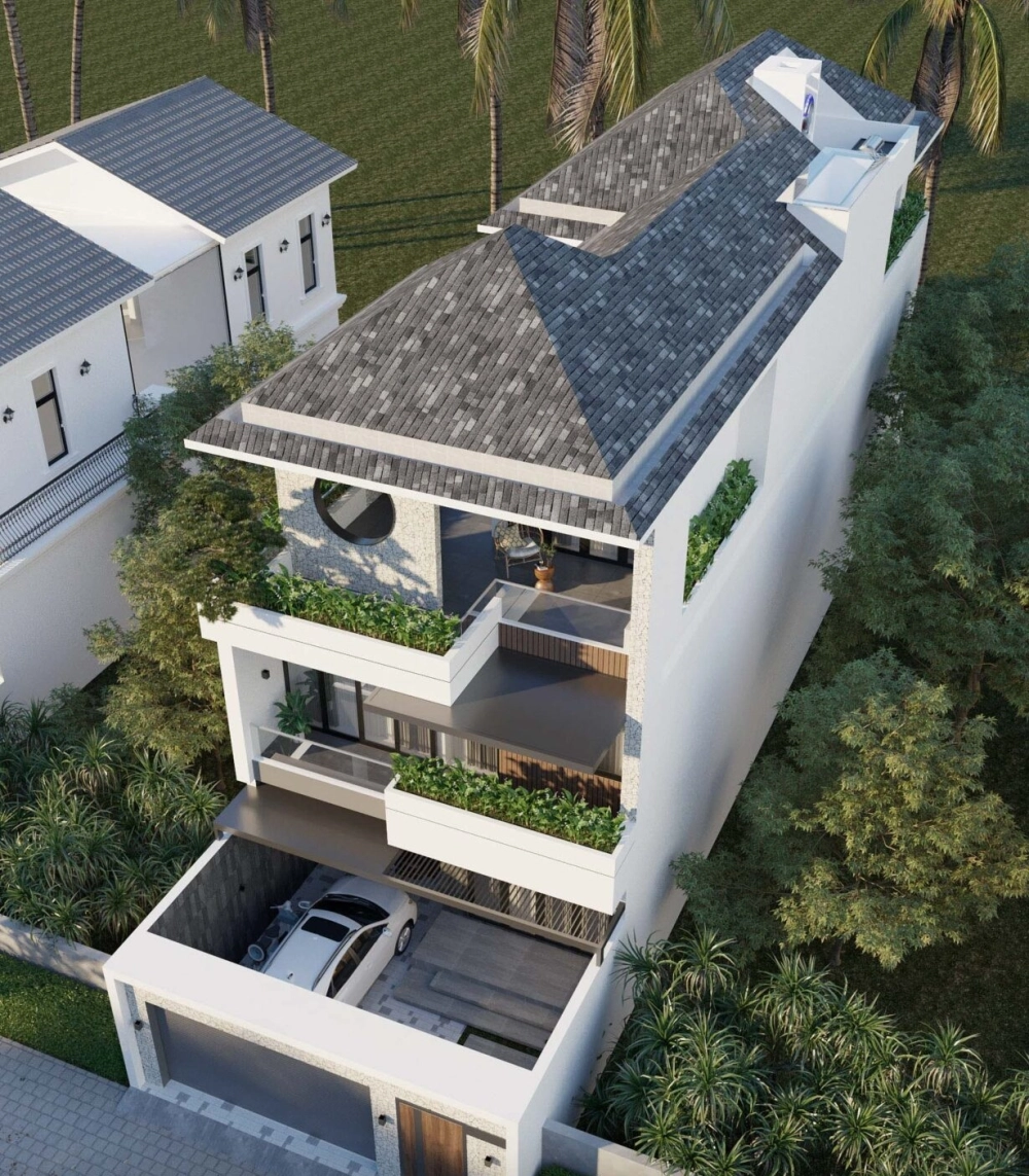 Phối cảnh biệt thự 3 tầng mái nhật có sân vườn rộng rãi