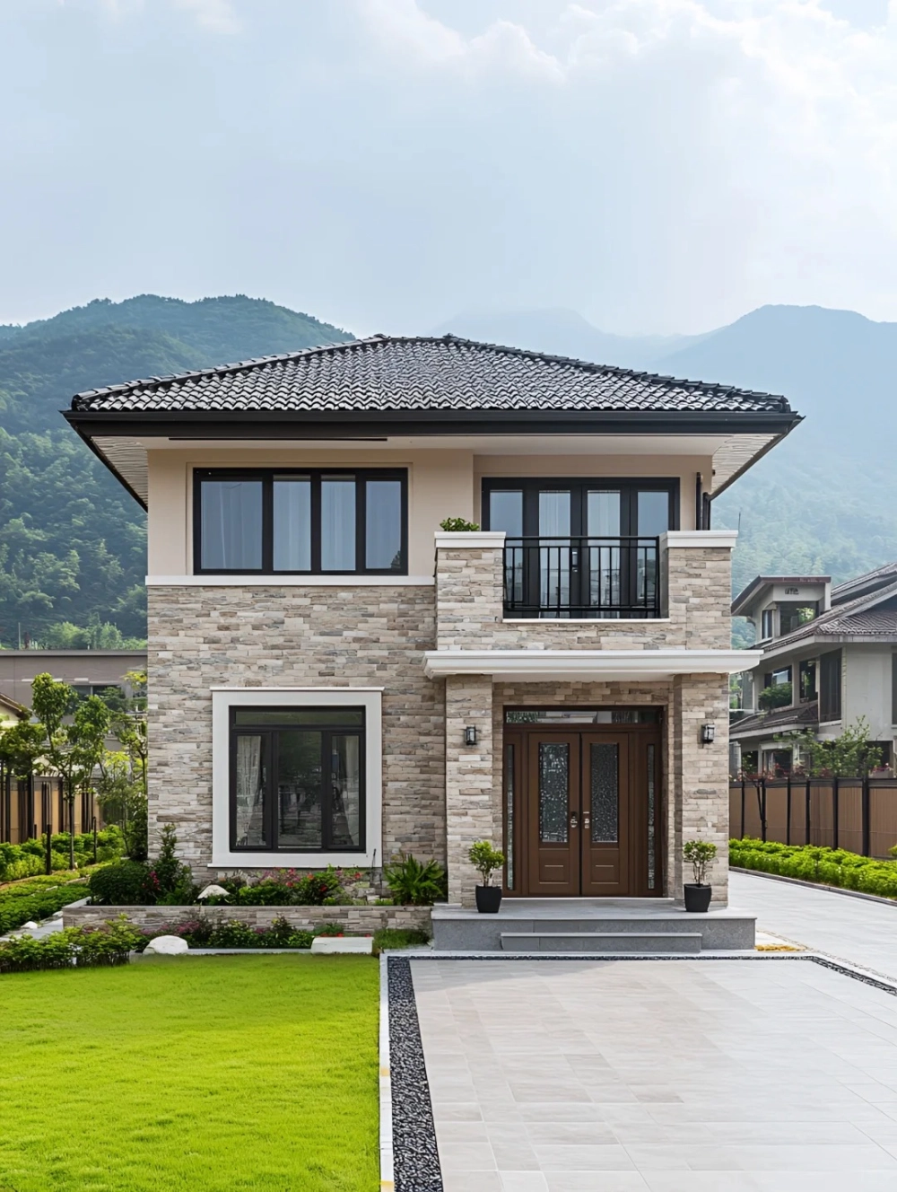 Kiến trúc nhà mái nhật lợp ngói màu xanh lông chuột tạo cảm giác thanh lịch