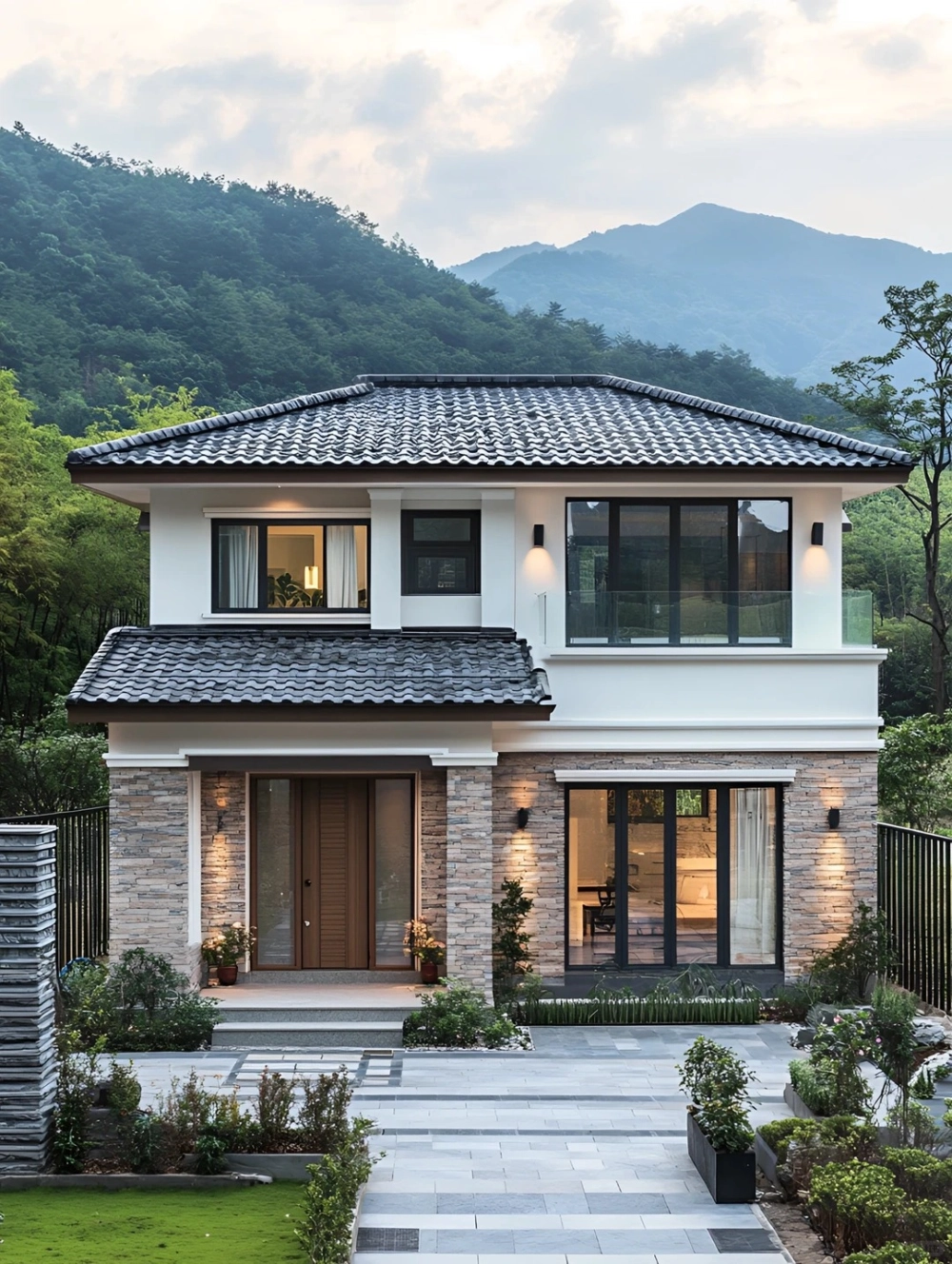 Ngôi nhà mái nhật lợp ngói Fuji có màu xanh đậm rất sang trọng