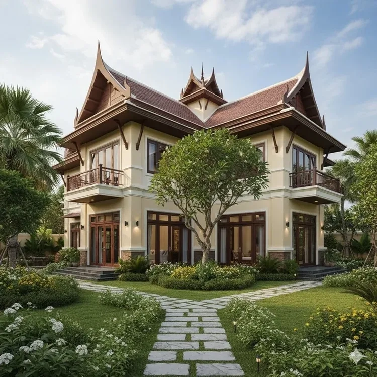 Thuận tiện sinh hoạt với nhà mái thái chữ l có gara