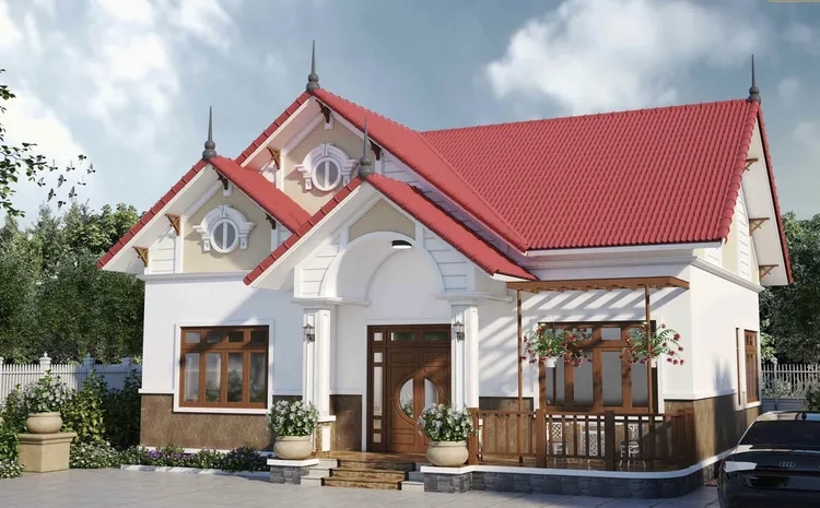 Mẫu nhà mái thái đơn giản 100m2 cân đối