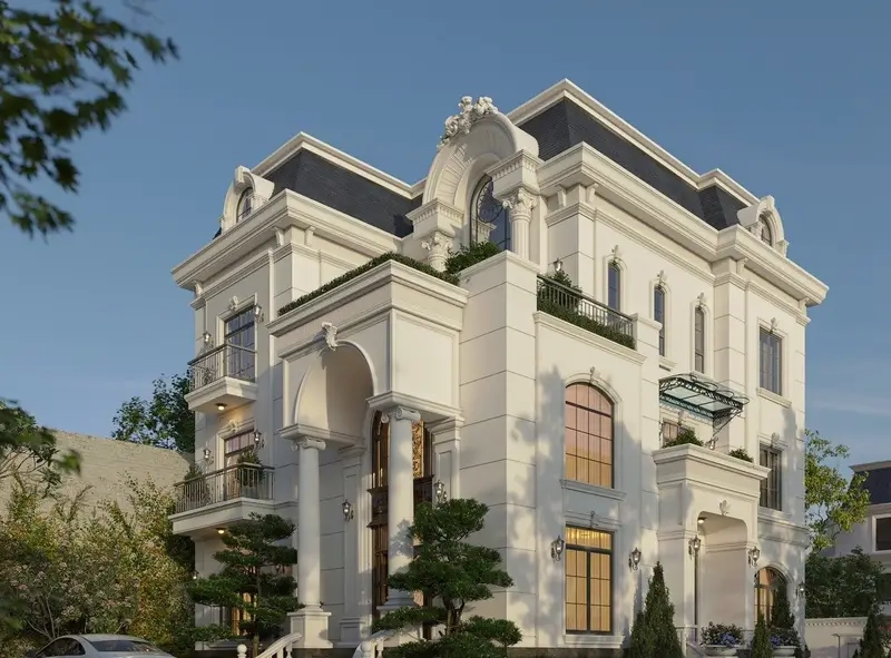 Ảnh nhà phố mái Mansard nổi bật giữa phố đông