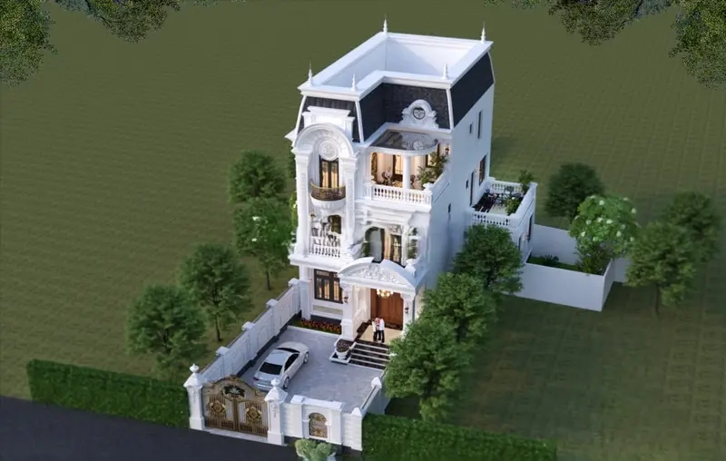 Phối cảnh nhà mái Mansard mini gọn gàng phù hợp diện tích nhỏ