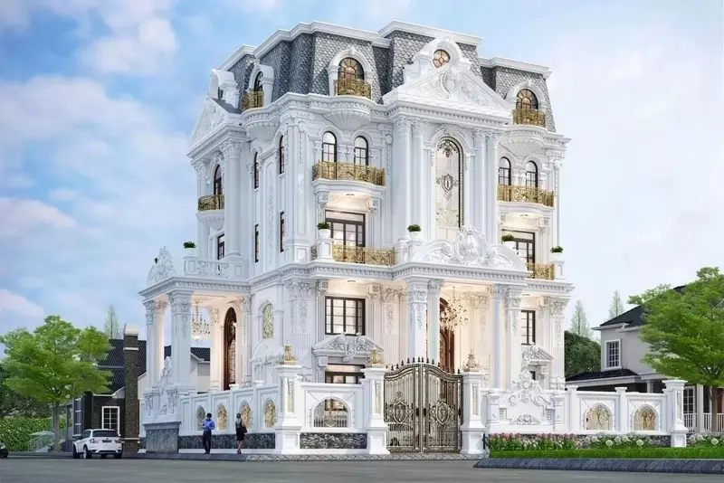 Phối cảnh nhà mái Mansard thể hiện chi tiết mái rõ nét