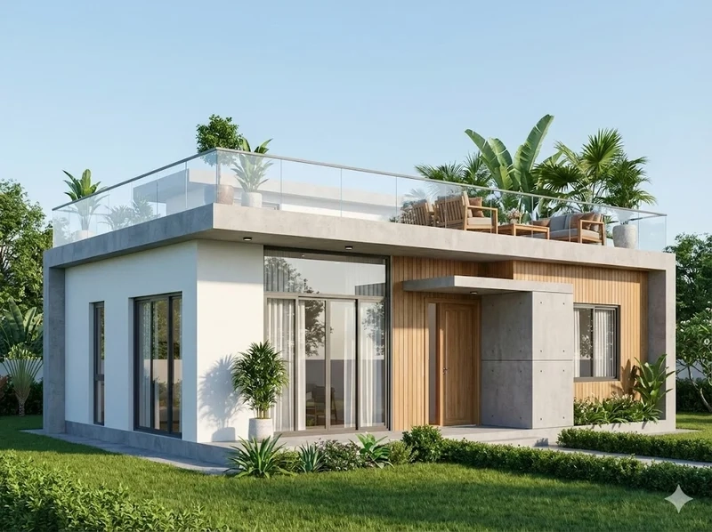 Nhà cấp 4 mái bằng có sân thượng cho gia đình trẻ