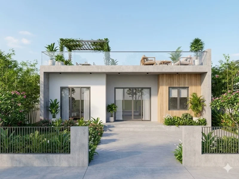 Nhà cấp 4 mái bằng có sân thượng phong cách hiện đại