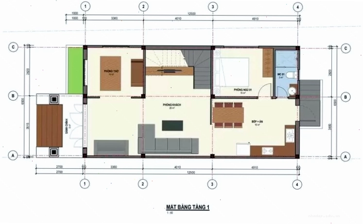 Bản vẽ 3D nhà ống 2 tầng 5x20 với mái thái