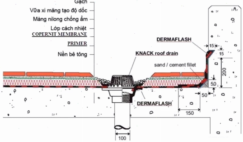 Bản vẽ minh họa cấu tạo chi tiết của mái bằng bê tông cốt thép