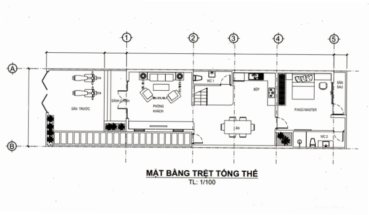 Bản vẽ nhà cấp 4 mái Thái 5x20