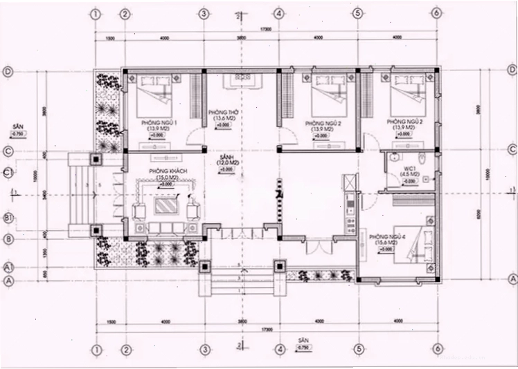 Bản vẽ thiết kế nhà cấp 4 mái Nhật 3 phòng ngủ có 1 phòng thờ