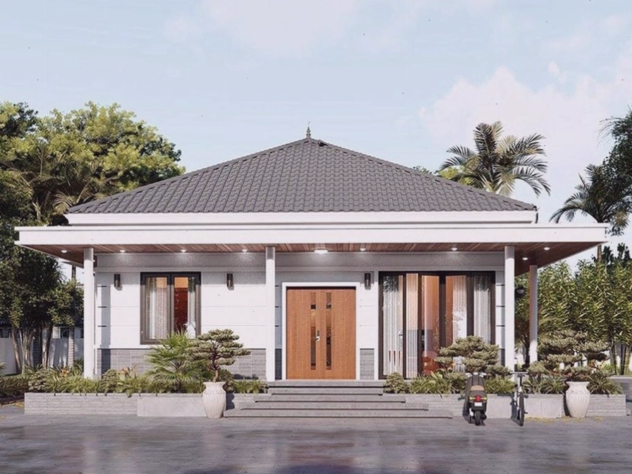Biệt thự mái Nhật hiện đại với hệ kính lớn và cây xanh bao quanh