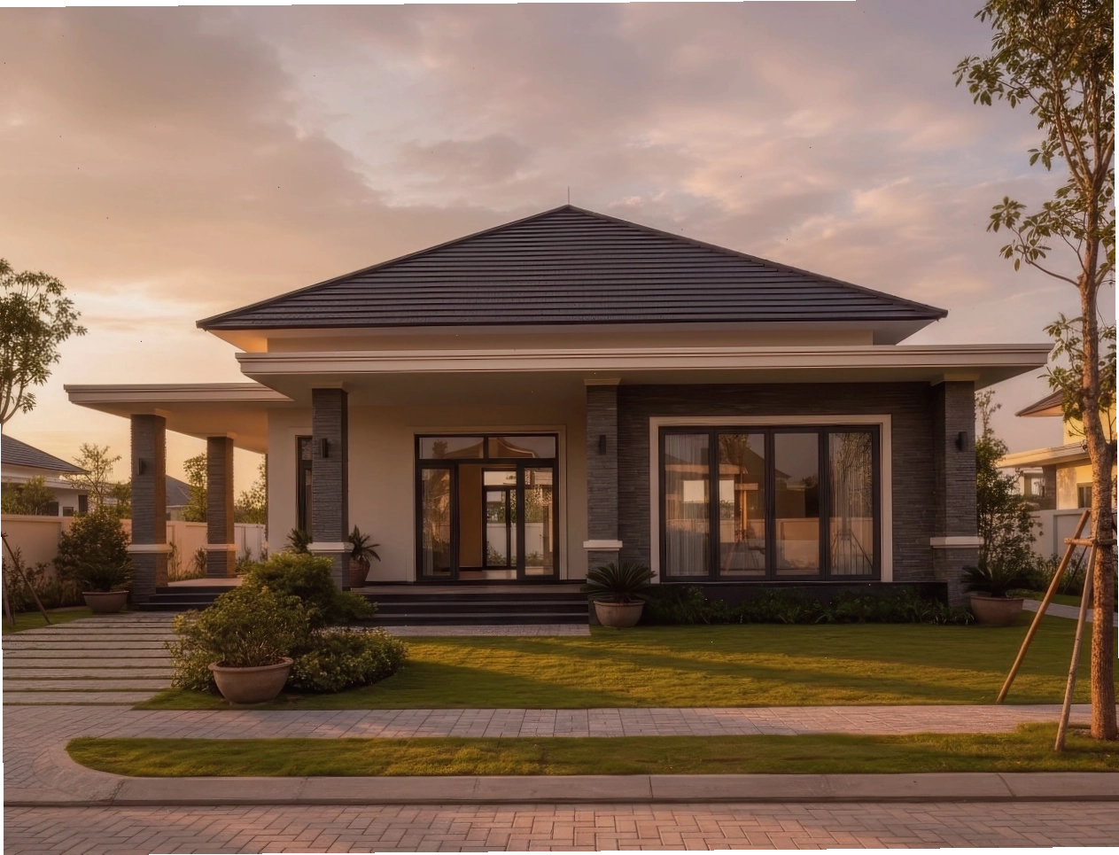 Biệt thự nhà vườn 1 tầng mái nhật phong cách tân cổ điển