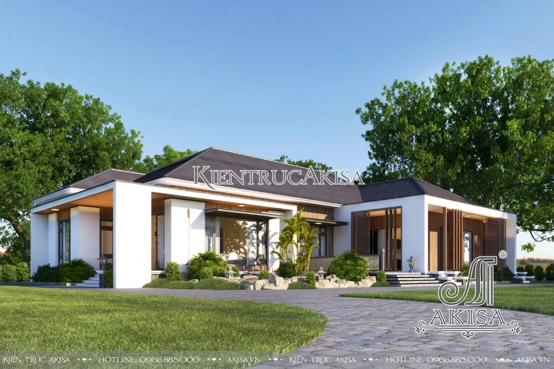 Bố cục nhà mái nhật 1 tầng chữ L đơn giản, thoáng đãng