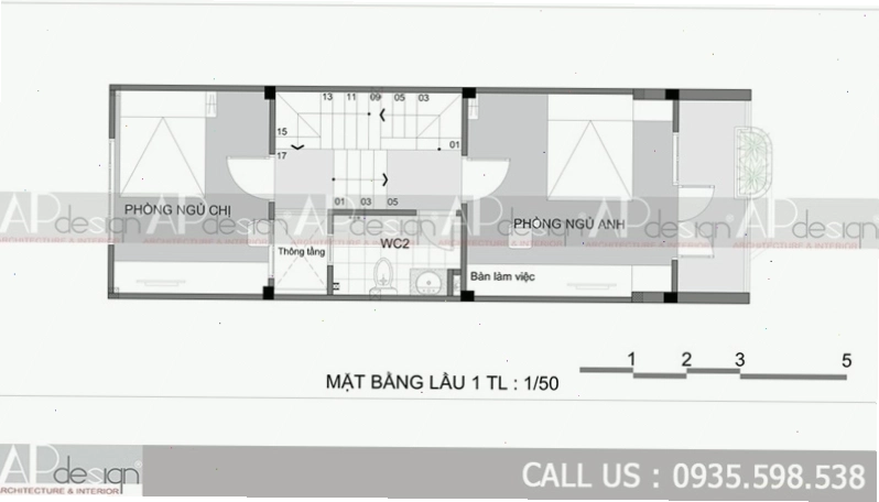 Bố trí phòng ngủ ở tầng lầu 1 trong thiết kế nhà phố 4x12m lệch tầng