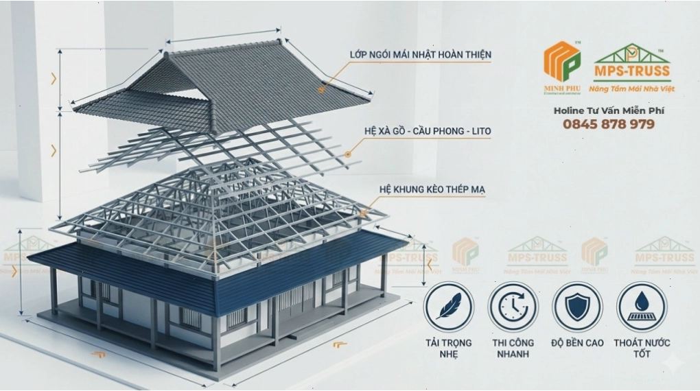 Cấu tạo mái Nhật với hệ khung kèo và lớp ngói hoàn thiện
