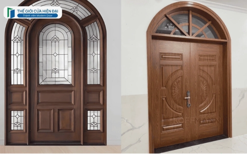 Cửa gỗ vòm cong với hoa văn tinh xảo