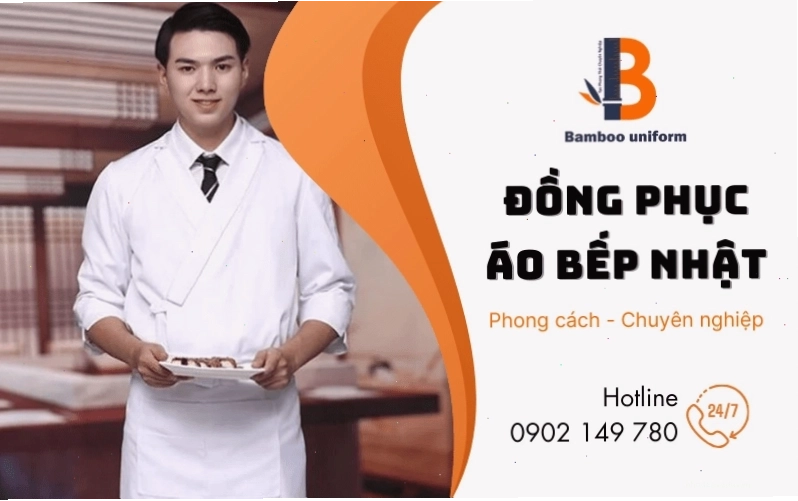 Đội ngũ nhân viên mặc áo bếp Nhật Bản chuyên nghiệp tại nhà hàng