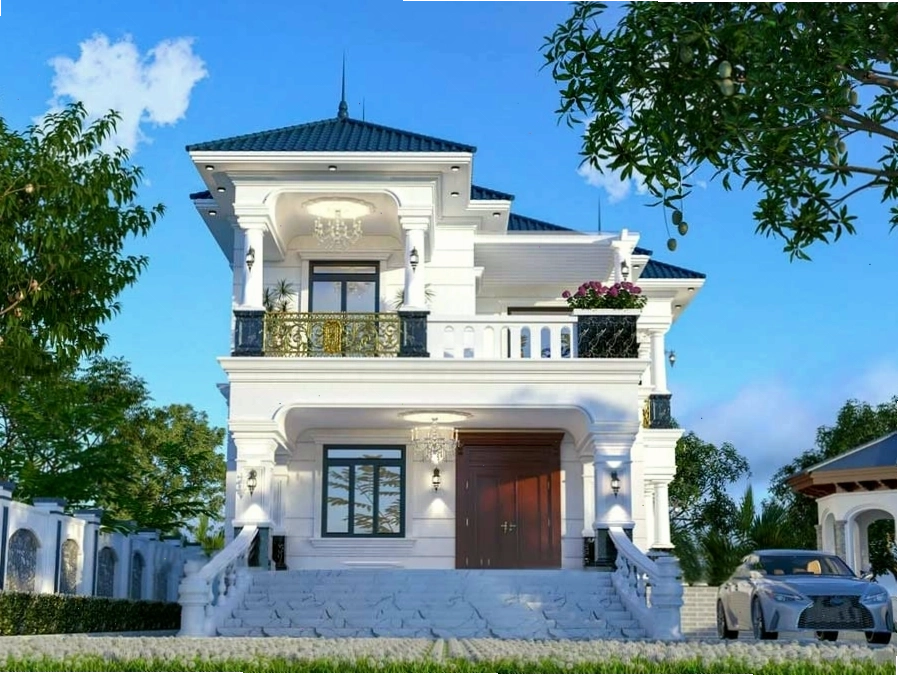 Hệ mái Thái màu xanh nổi bật trên nền kiến trúc nhà hai tầng hiện đại