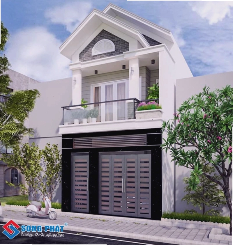 Hệ thống chiếu sáng ban đêm làm nổi bật mặt tiền nhà mái thái