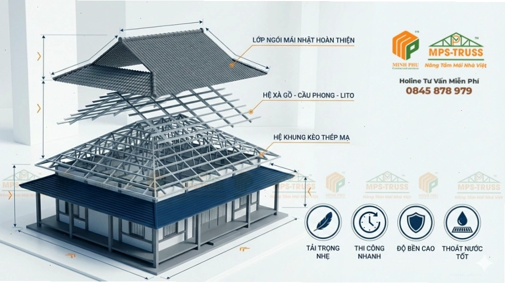 Hình ảnh minh họa kết cấu mái nhật với các dốc thoải