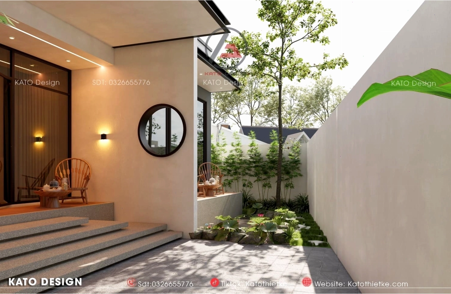 Không gian bên ngoài thoáng đãng của nhà vuông 1 tầng mái bằng