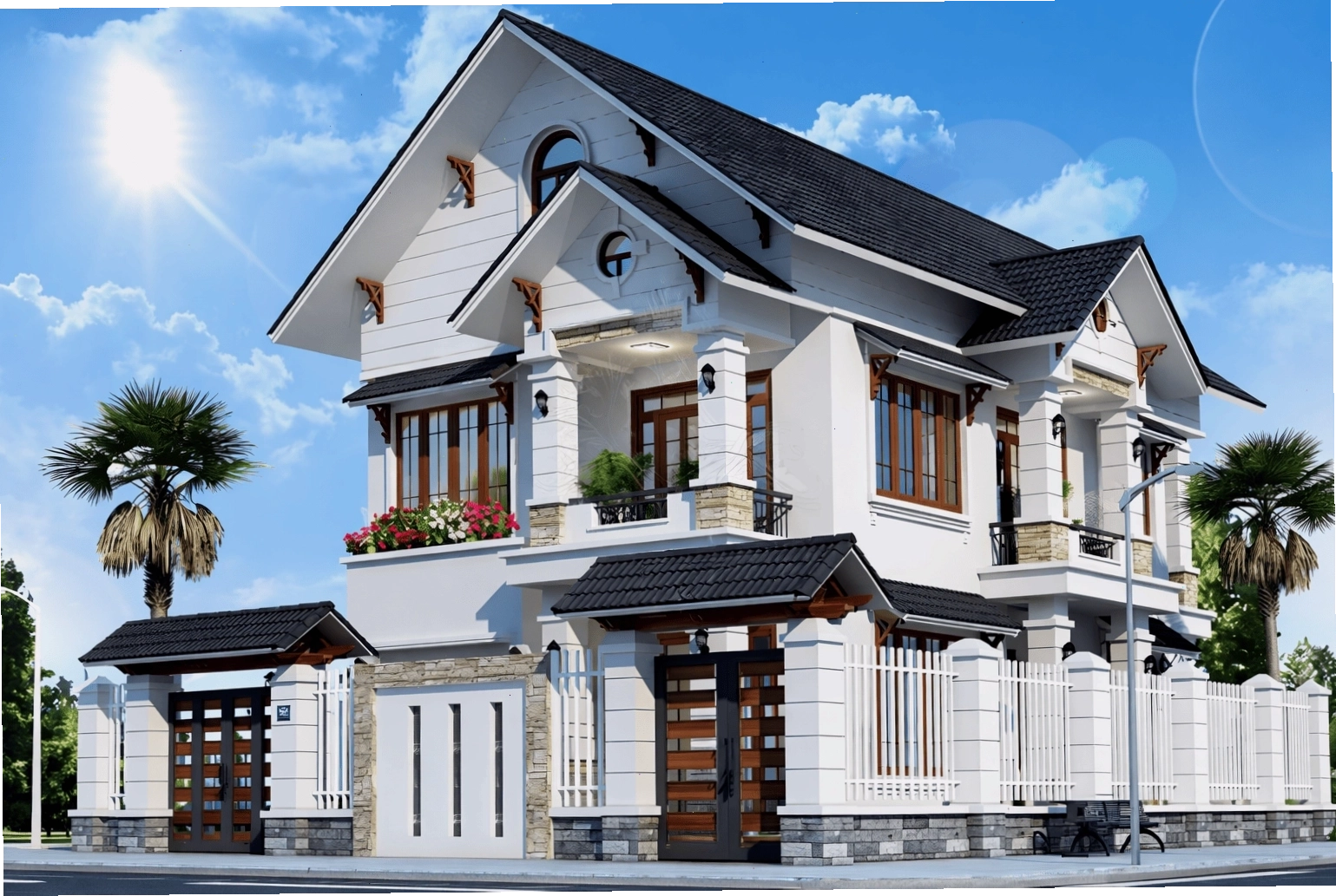 Không gian phòng khách ấm cúng trong nhà vườn mái thái