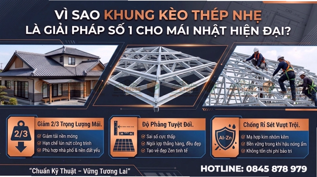 Khung kèo thép nhẹ thi công cho mái Nhật