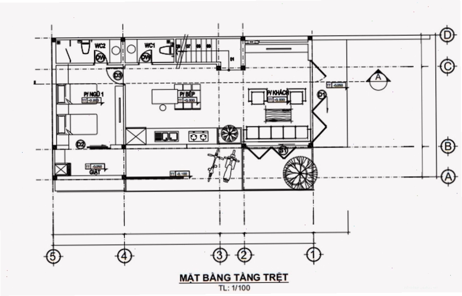 Mặt bằng công năng tầng trệt nhà lệch tầng 5x15, bố trí gara, khách và bếp