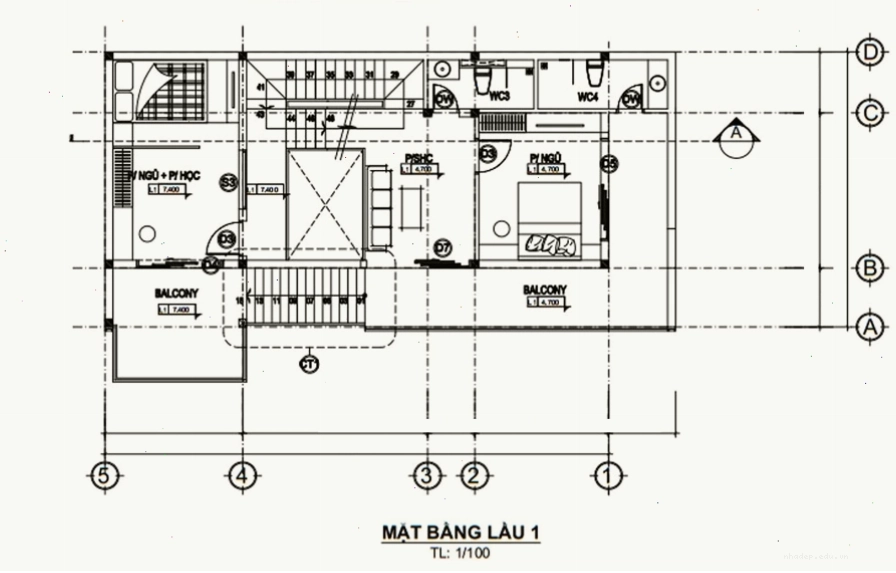 Mặt bằng lầu 1 nhà lệch tầng 5x15 với các phòng ngủ tiện nghi