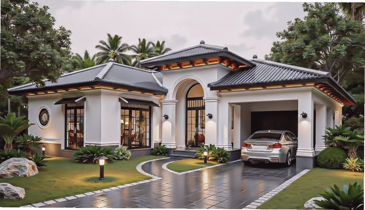 Mặt bằng nhà mái Nhật 1 tầng 3 phòng ngủ chữ L độc đáo, tối ưu công năng
