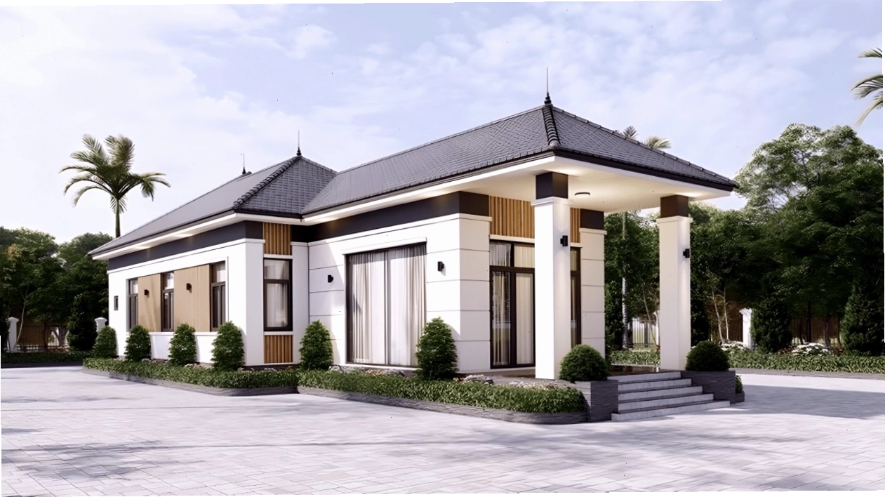 Mặt bằng nhà mái Nhật 1 tầng 3 phòng ngủ đẹp với kiến trúc độc đáo