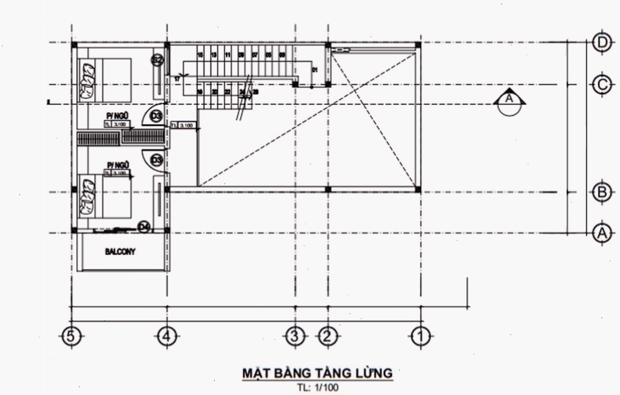Mặt bằng tầng lửng nhà lệch tầng 5x15, có thể làm phòng ngủ hoặc phòng thờ