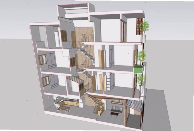 Mặt cắt 3D nhà ống 4 tầng cho thấy rõ sự phân chia cao độ của nhà lệch tầng