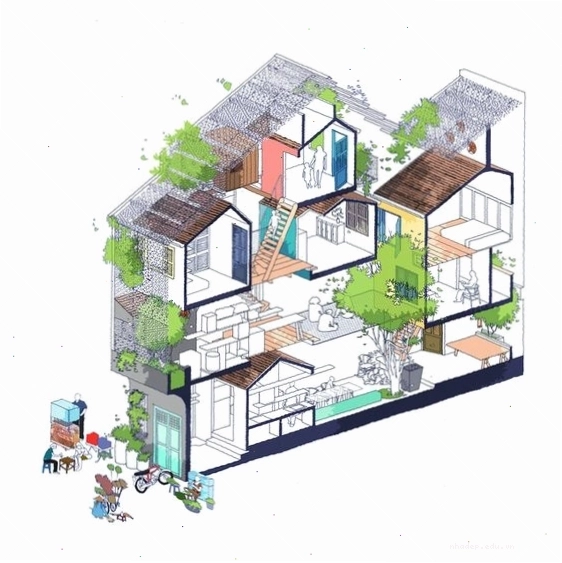 Mặt cắt nhà phố lệch tầng thể hiện sự thông thoáng và hiện đại