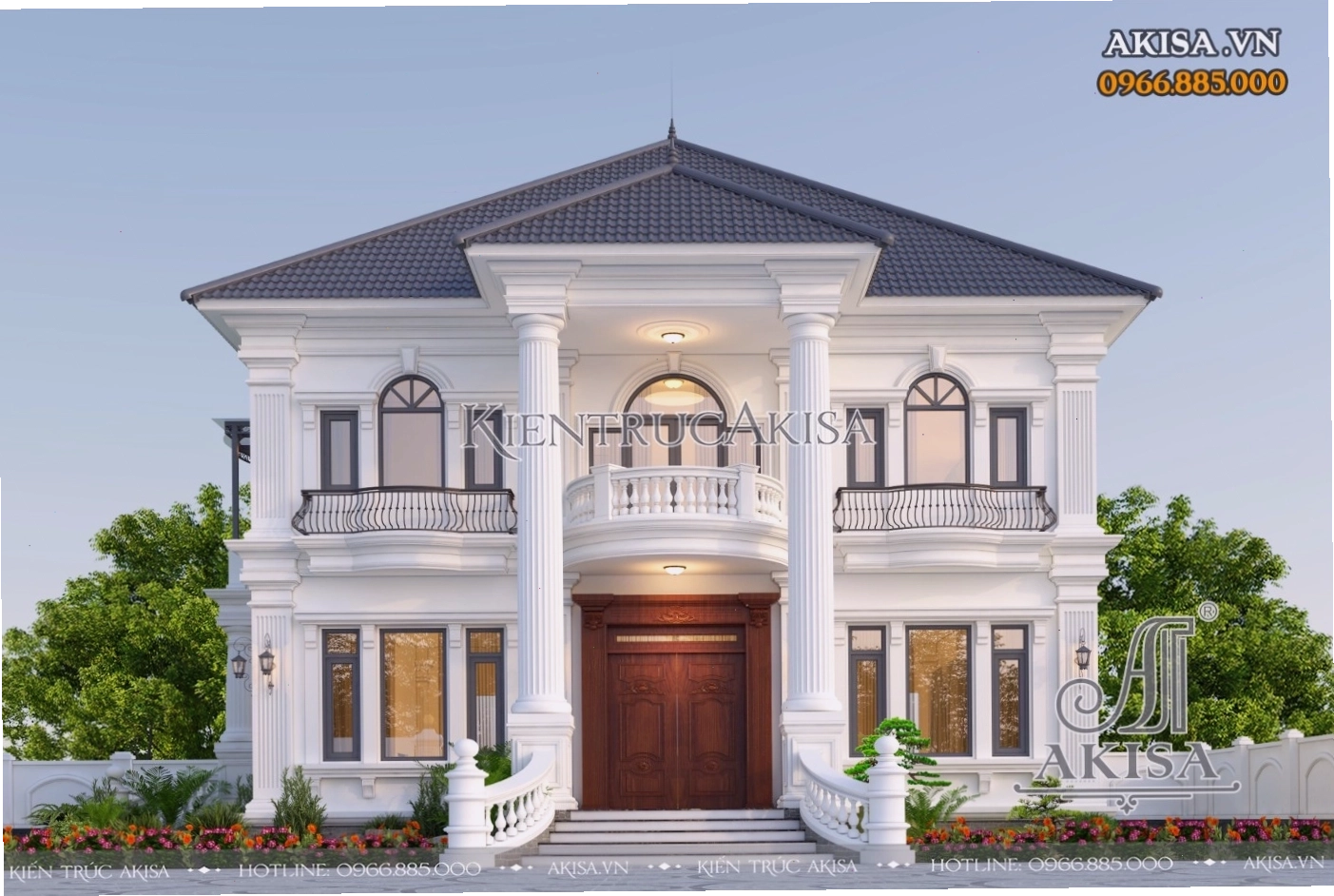 Mặt tiền biệt thự 2 tầng mái Nhật tân cổ điển với các chi tiết phào chỉ tinh xảo