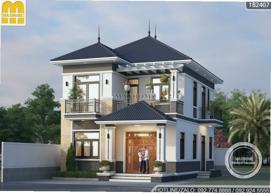Mặt tiền mẫu nhà 2 tầng mái Nhật 100m2 với gam màu trắng tinh khôi