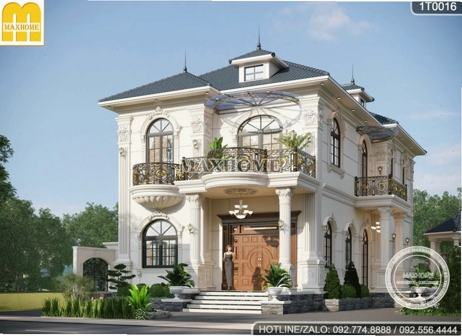 Mặt tiền nhà 2 tầng mái Nhật tân cổ điển với hệ thống cửa sổ và ban công được trang trí cầu kỳ