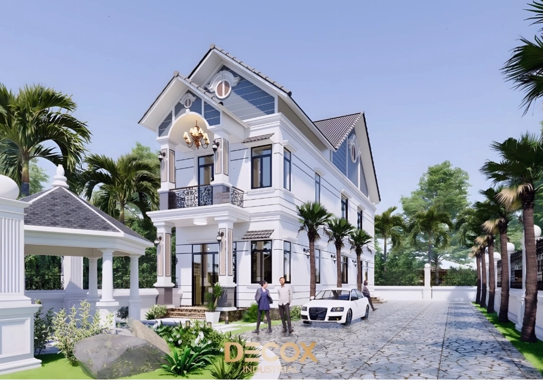 Mặt tiền nhà 3 tầng mái Thái hiện đại với các vật liệu cao cấp