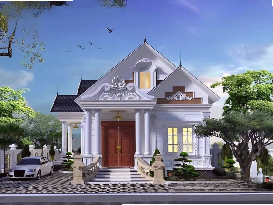 Mặt tiền nhà cấp 4 mái thái chữ L tân cổ điển bề thế
