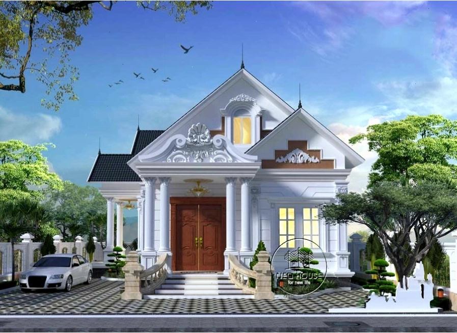 Mặt tiền nhà cấp 4 mái thái tân cổ điển với màu sơn trang nhã