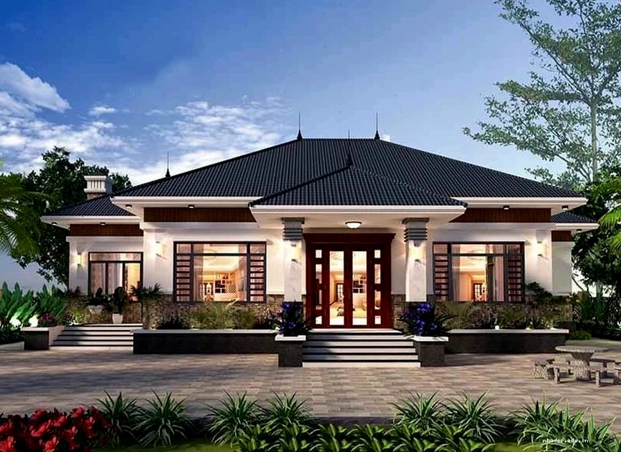 Mặt tiền nhà mái Nhật 1 tầng hiện đại với gara ô tô