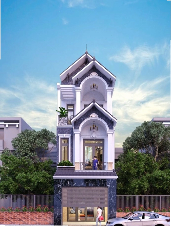 Mặt tiền nhà mái thái với gam màu xanh chủ đạo tạo cảm giác mát mẻ