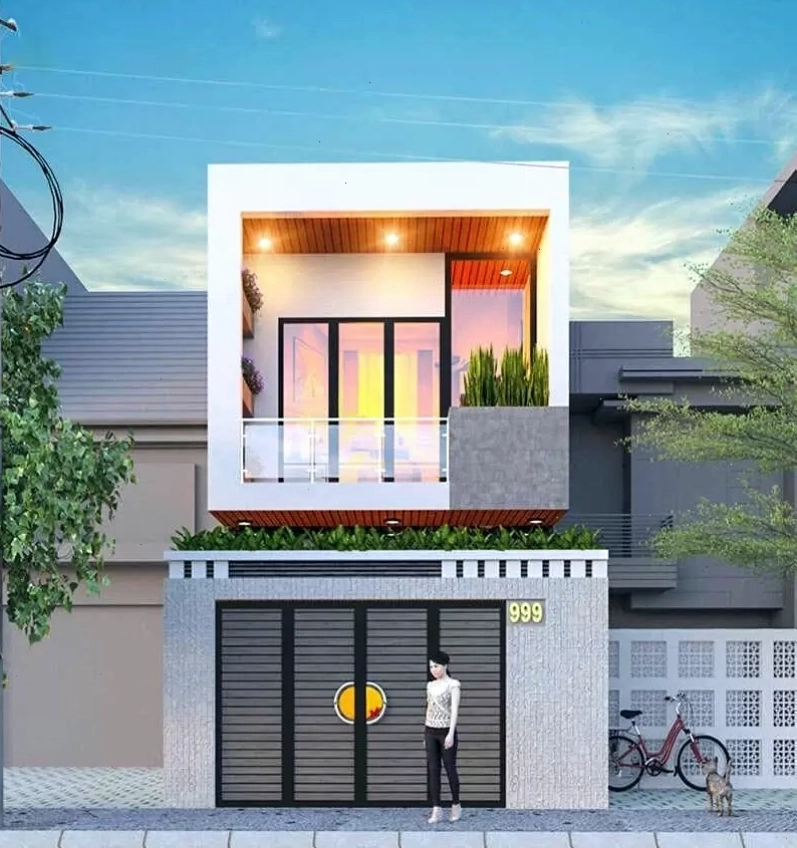 Mặt tiền nhà ống 2 tầng mái thái đẹp với gam màu trang nhã