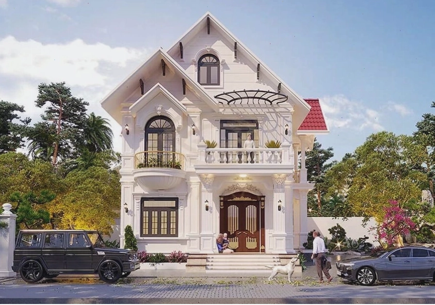 Mặt tiền nhà phố 2 tầng mái thái với ban công hoa sắt mỹ thuật